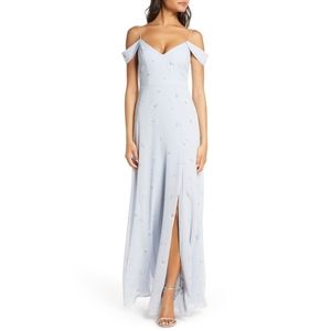 JENNY YOO PRIYA BLUE FLORAL MAXI SPLIT LEG DRESS